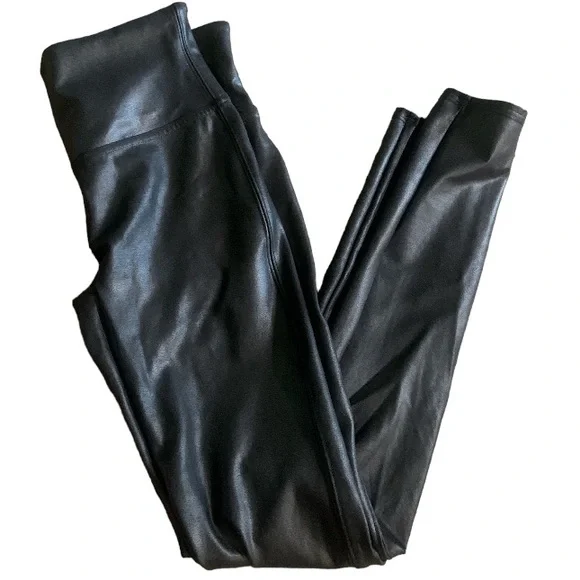 SPANX Black Faux Leather Pull On Leggings Small Petite - Picture 1 of 6